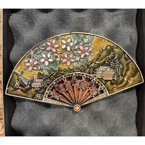 Jay Strongwater Fan Philomena Trinket Box Enameled & Jeweled Chinese Oriental